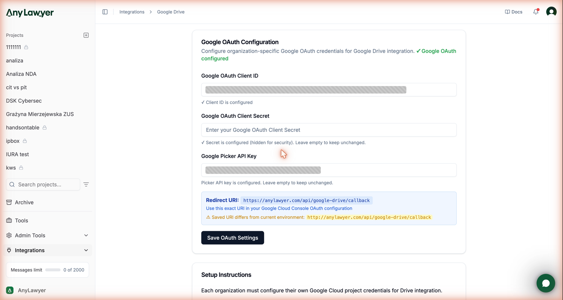 Strona konfiguracji Google OAuth w AnyLawyer