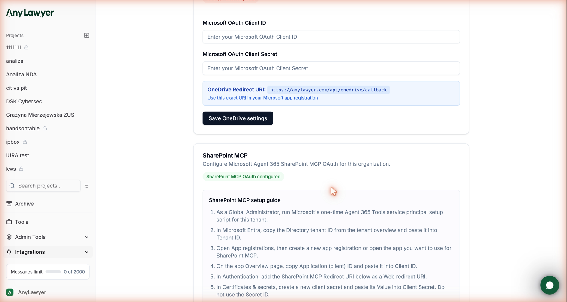 Karta SharePoint MCP na stronie konfiguracji Microsoft w AnyLawyer