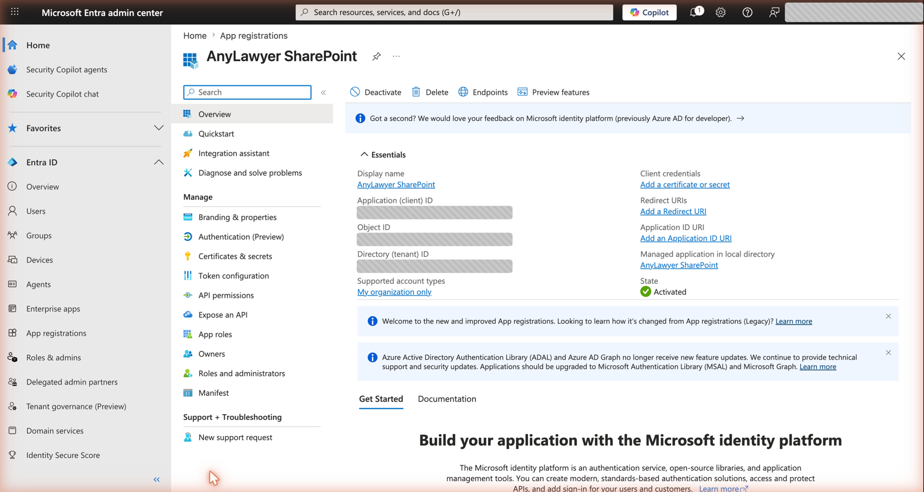Application (client) ID na stronie Overview aplikacji