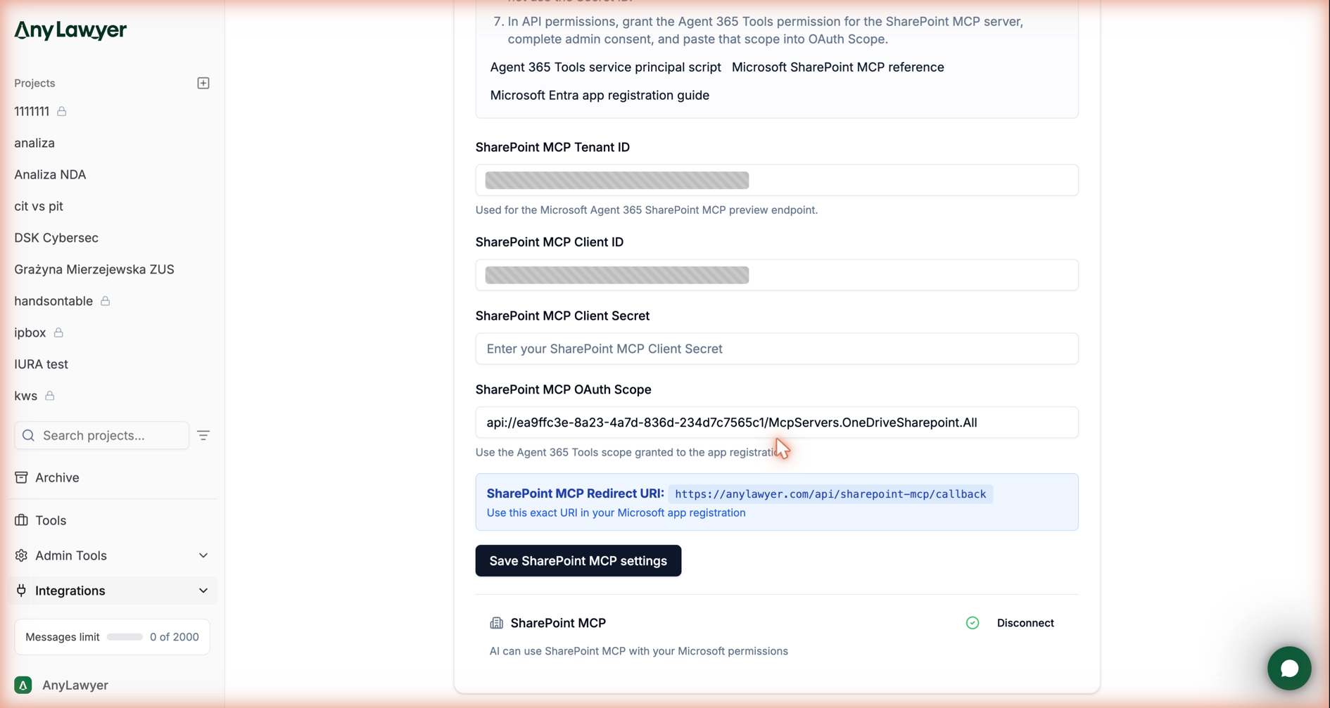 Zapisana konfiguracja SharePoint MCP w AnyLawyer